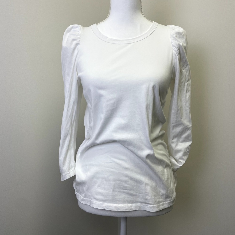 Pomander Place White Puff Shoulder Long Sleeve Cotton Top Small Casual Feminine